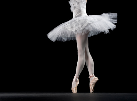 Beautiful Female Ballet Dancer On A Black Background - Ballerina Is Wearing A Tutu And Pointe Shoes