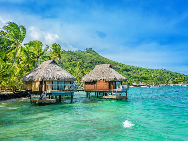 Dream Holiday Luxury Resort, Tahiti View over beautiful turquoise lagoon and amazing hotel resort. Bora Bora Island, Tahiti, Society Islands, French Polynesia. hut photos stock pictures, royalty-free photos & images