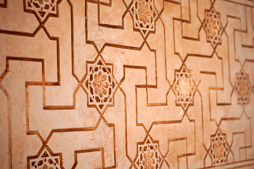 Abstract flower and labyrinth pattern, terracotta, moorish