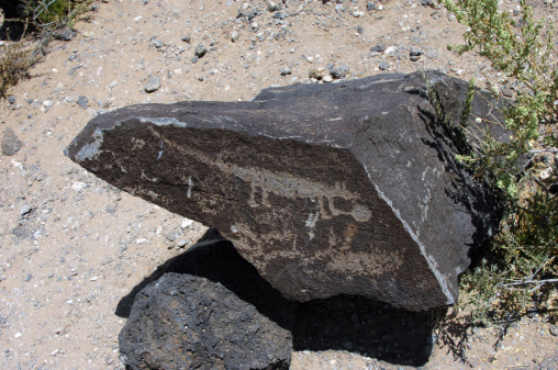 Large basalt boulder displays petroglyph drawing at the Petroglyph National Monument in Albuquerque, New Mexico.  Pueblo Indian art and culture is protected in the park.
