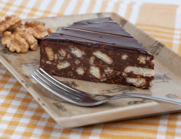 istock Chocolate and walnut cake on a brown plate on a fabric background 1619368441