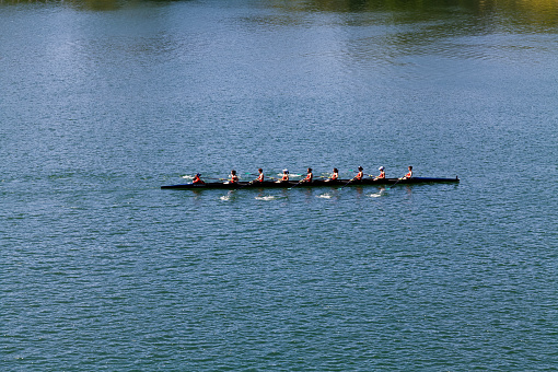 Women Crew Team Practicing On Lake In Folsom Lake Pulling On Oars Together