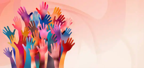 Vector illustration of Banner with volunteer people with raised arms. People diversity. Charitable donation. Support and assistance. Multicultural community. NGO. Aid. Help. Volunteerism. Inclusivity. Teamwork