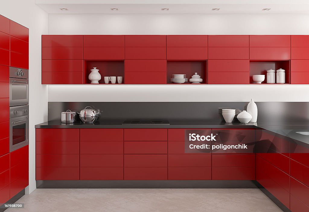 3 D render de um moderna cozinha vermelho - Foto de stock de Cozinha royalty-free