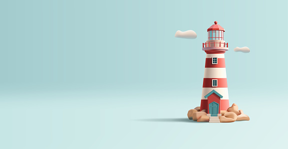 3d render illustration of a lighthouse with beacon, red and white building, isolated on blue digital icon