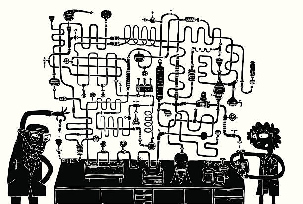 Laboratory Maze Game in black and white vector art illustration