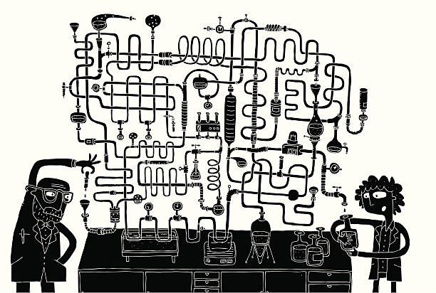 Laboratory Maze Game in black and white Laboratory Maze Game in black and white with isolated layers. Task: Find the right way! Solution is in hidden layer. Illustration is in eps8 vector mode! coil tubing stock illustrations