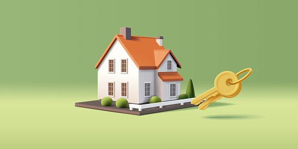 3d render vector illustration of house with keys, real estate property investment, mortgage and leasing, agency icon