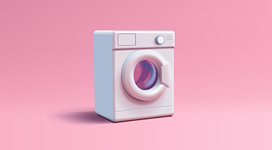 Washing machine realistic 3d illustration, household or laundry equipment, render on pink background advertising element