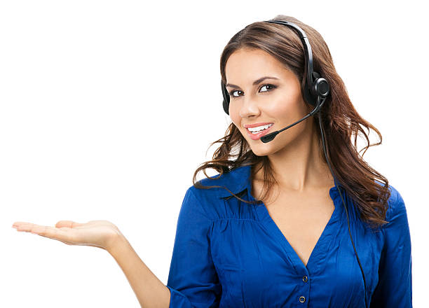 istock A woman in blue shirt with operator headset holding hand out 161941509