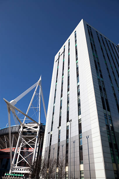 commercial building and stadium, cardiff, wales, uk