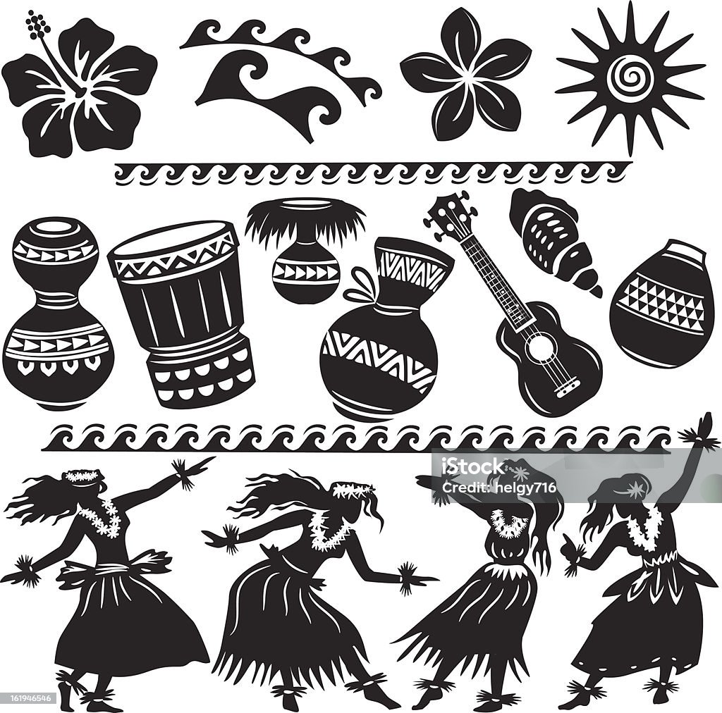 Zestaw Hawajski z tancerzy i instrumentów muzycznych - Grafika wektorowa royalty-free (Hawajczycy)
