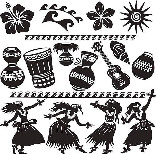 ilustrações, clipart, desenhos animados e ícones de conjunto de dançarinos havaianos e instrumentos musicais - dançar hula