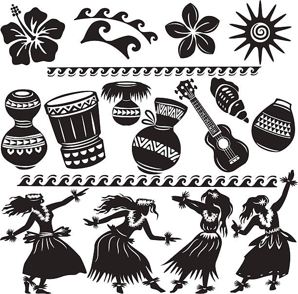 Set of Hawaiian dancers and musical instruments Hawaiian Set with dancers and musical instruments hula dancing stock illustrations