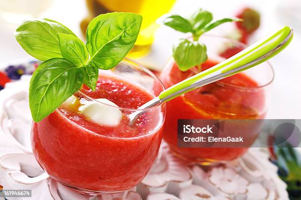Delicious Cold Gazpacho Soup With Mozzarella And Basil Stock Photo - Download Image Now