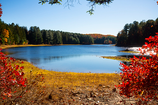 Fall colors and open water of Buckingham Reservoir in Glastonbury, Connecticut.