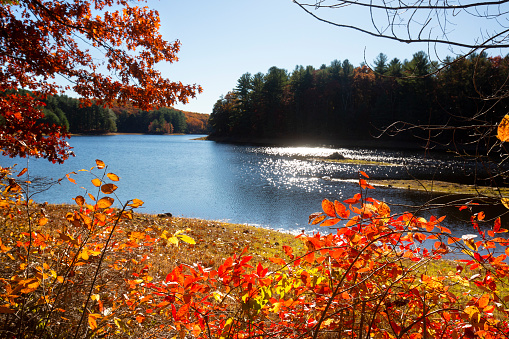 Fall colors and open water of Buckingham Reservoir in Glastonbury, Connecticut.