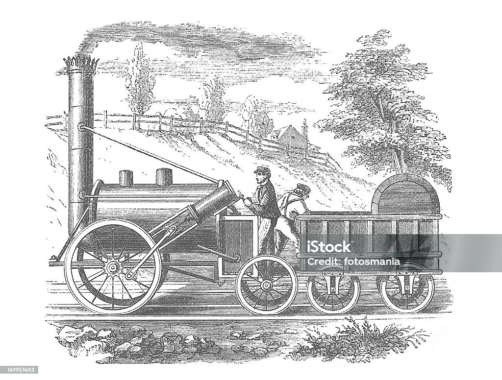 George Stephenson's Rocket Engraving 1878 19th Century Railroad George Stephenson`s Rocket (1829) Locomotive Train with Track and conductor. Rural setting. Engraving from from Harper's New Monthly Magazine Vol. 49 Issue 291 August 1874.  Railroad engraving. Steam powered engine. Industrial Revolution stock illustration