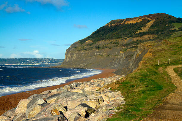 seatown strand in dorset blick auf die golden cap - golden cap stock-fotos und bilder