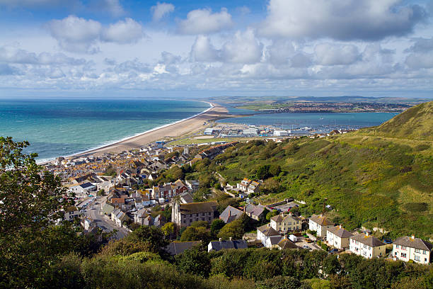 View of Portland Chesil beach and Weymouth Dorset stock photo