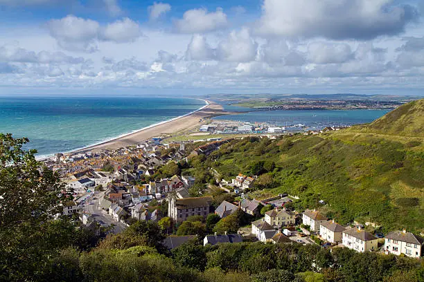 Portland Chesil beach and Weymouth Dorset, part of the Devon and Dorset Jurassic Coast, a World Heritage Site.