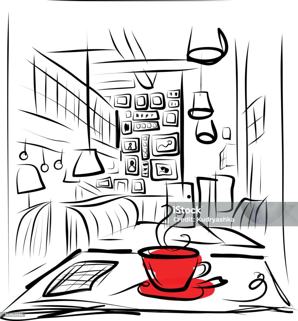 Taza de café sobre la mesa en Café - arte vectorial de Alimento libre de derechos