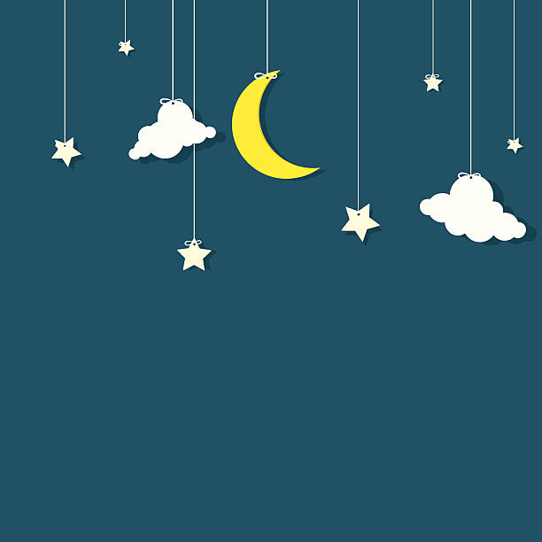 A vector image of stars, clouds, and a crescent moon The night sky. Moon, the stars and the clouds hanging on threads. EPS10. Contains transparent objects used for shadows drawing. hanging moon stock illustrations
