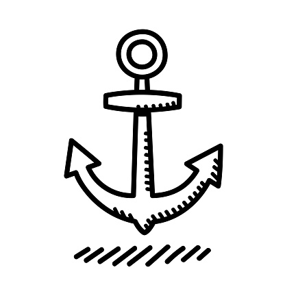 Vector illustration of a hand drawn black and white anchor against a white background.
