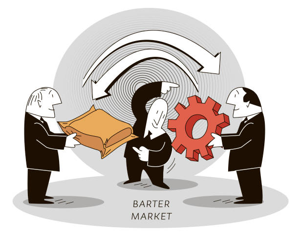 barter market Vector In the Barter Market, Men Exchange the Products they Produce mutual fund stock certificate stock market isolated stock illustrations