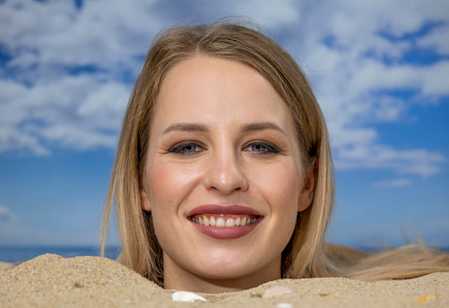 Woman Buried In Sand On Beach Stock Photo - Download Image Now - Adult ...