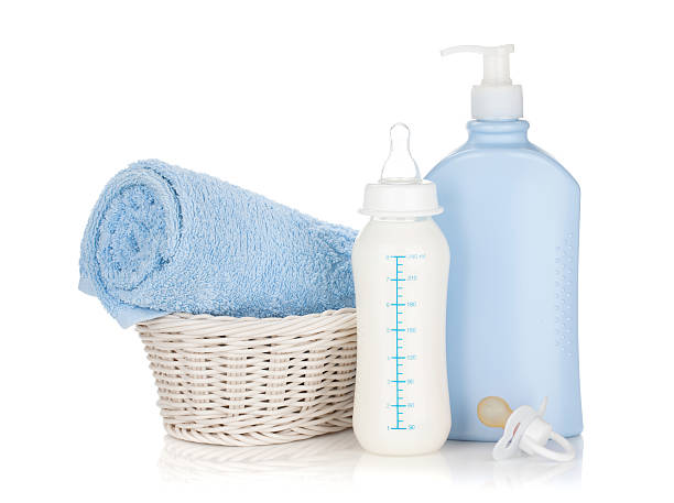 istock Baby milk bottle, pacifier, shampoo and towel 161956514