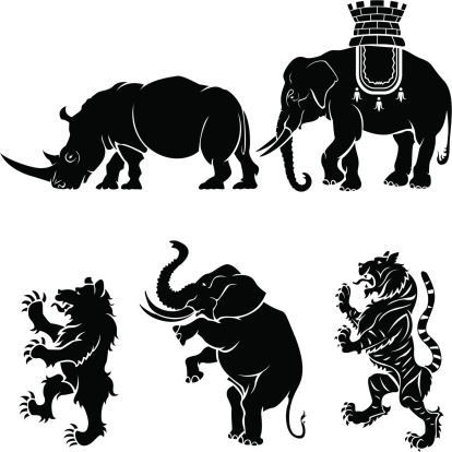 Set of black silhouette on big mammal animal heraldry element.ZIP contain AI12cs2,EPS8,large jpeg and PDF files.