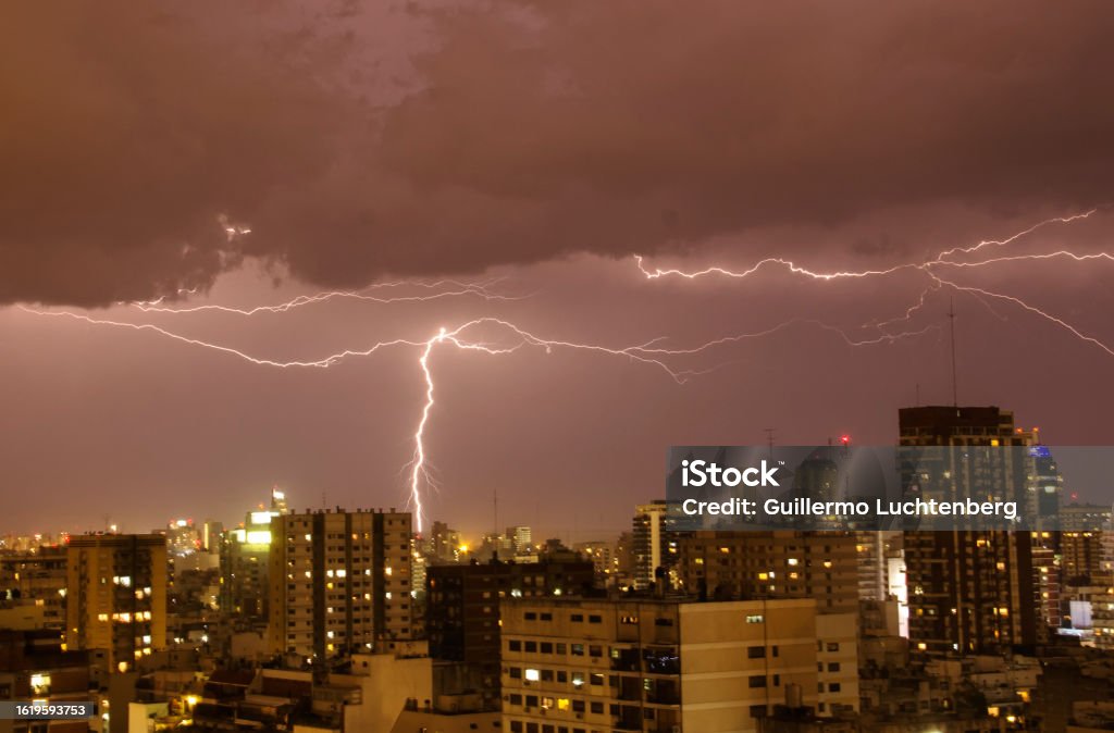 Storm in the city 2 Electrical storm with rays between Buenos Aires buildings Argentina Stock Photo