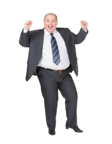 Very overweight cheerful businessman, on white background