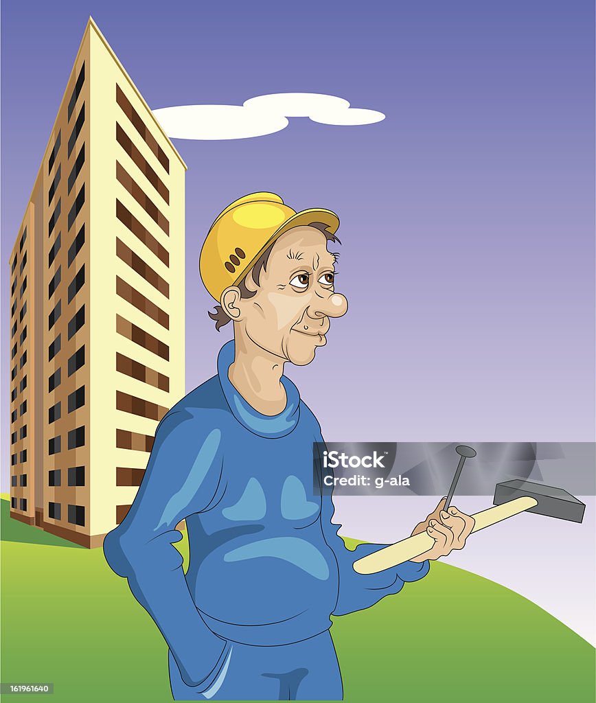cheerful builder cheerful builder in helmet with hammer Adult stock vector