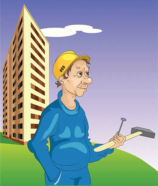 Vector illustration of cheerful builder