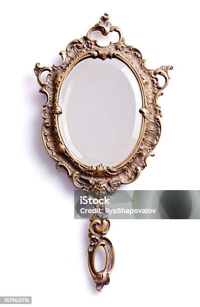 Mirror With Golden Handle And Frame Stock Photo - Download Image Now - Mirror - Object, Hand Mirror, Old