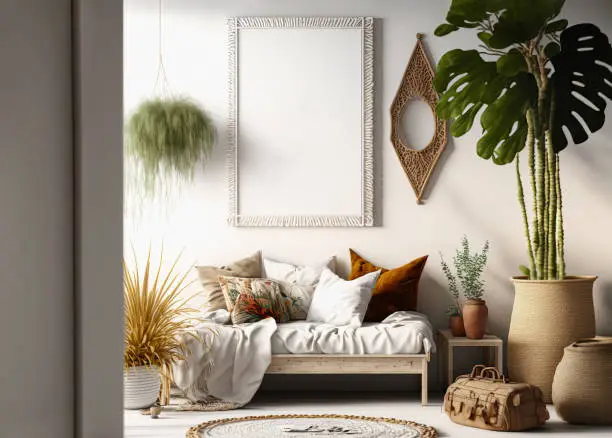 Boho Frame Mockup. Wall Art Mockup in Boho Style Interior. This image features an exquisitely designed boho style frame mockup against a modern and stylish interior background, decorated with intricate bohemian patterns for rustic charm. Perfect for displaying wall art posters or photographs in an eye-catching and eye-catching way!