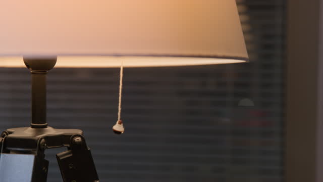 Detective turns on vintage lamp to illuminate dark office