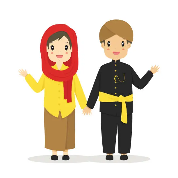 Vector illustration of Cute Couple Wearing Jakarta-Betawi, Indonesia Traditional Dress Vector