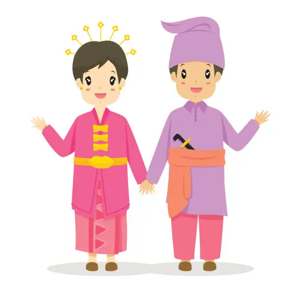 Vector illustration of Cute Couple Wearing Riau, Indonesia Traditional Dress Vector