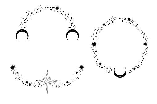 Celestial esoteric frame, mystic line border isolated on white background, elegant boho decoration. Vector illustration
