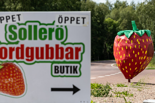 Solleron, Sweden July 13, 2023 A road sign selling strawberries in the summer.