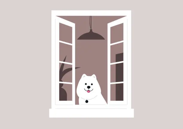 Vector illustration of An intrigued dog gazing out of a window, observing the happenings in the neighborhood with curiosity