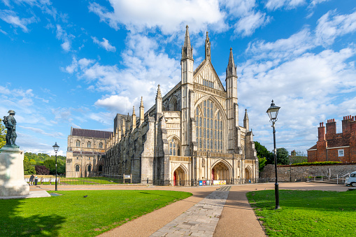 The medieval Cathedral Church of the Holy Trinity, Saint Peter, Saint Paul and Saint Swithun, commonly known as Winchester Cathedral, in the city of Winchester, England.