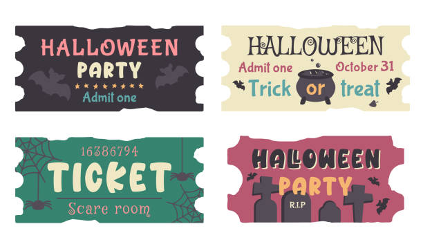 ilustrações de stock, clip art, desenhos animados e ícones de set of halloween tickets template with text. traditional hand drawn coupon isolated. tomb, spooky cemetery, silhouette of bat, witchâs potion cauldron. autumn holiday of dead. vector illustration - witch halloween cauldron bat