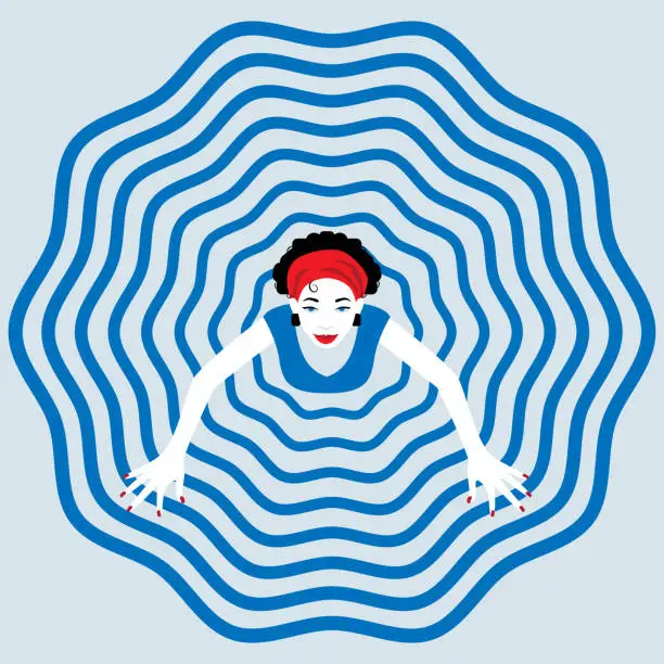 Vector illustration of Young woman dances in a flowing skirt. View from above. Minimalistic flat style with pop art elements. Vector.
