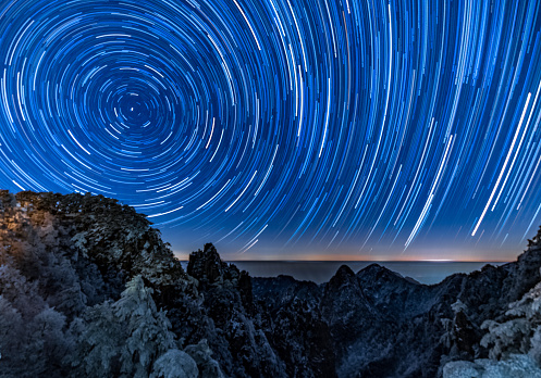 The photo was taken in Huangshan, China.It snowed heavily all day, and the sky cleared up at 11:00 p.m., and the sky was full of stars. The photos recorded the star trails.