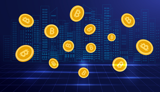 Cryptocurrency and blockchain concept, golden crypto coins on blue background, financial and investment in digital asset,   vector illustration