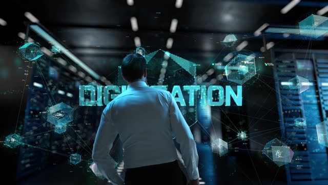 Digitization. IT Administrator Activating Modern Data Center Server with Hologram.